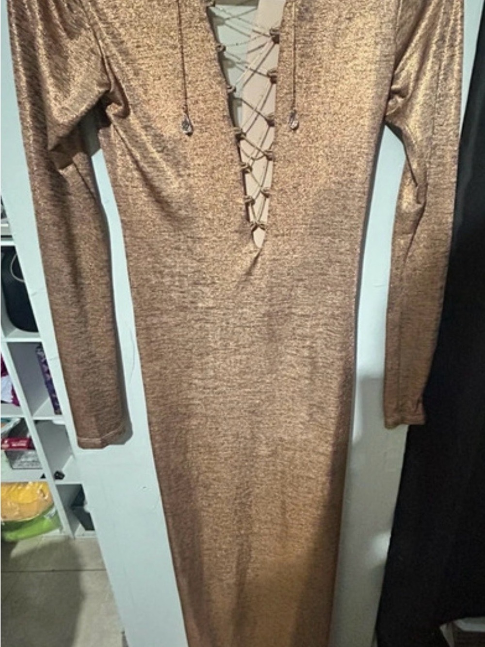 Long Sleeve Lace-Up Metallic Bronze Maxi Dress